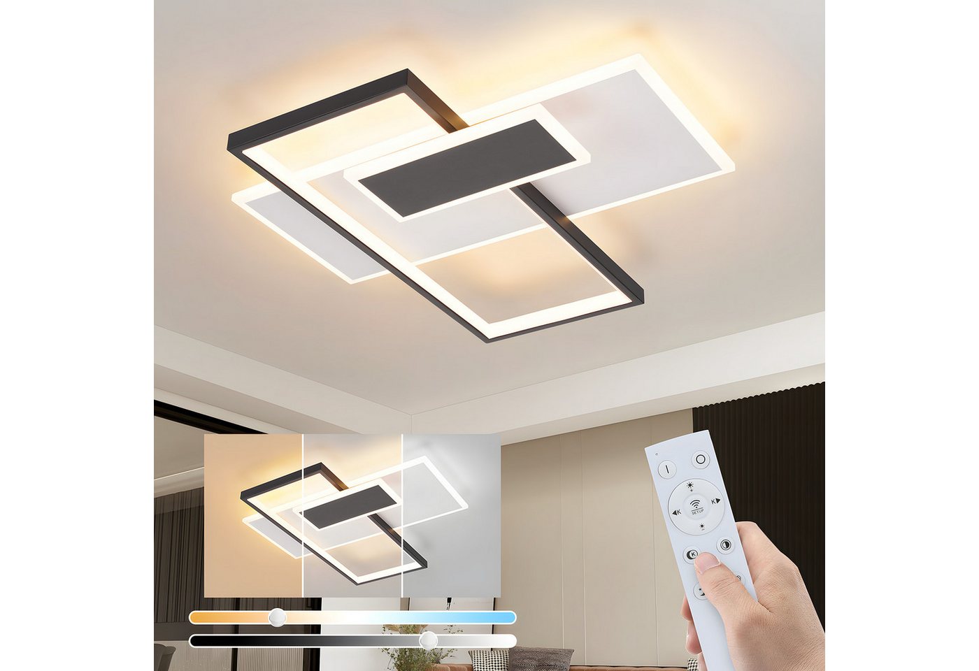 ZMH LED Deckenleuchte Wohnzimmer 58W Dimmbar Deckenlampe Schwarz und Weiß Treppenhaus, Augenschutz, Einfache Installtion, LED fest integriert, 3000-6500K, Modern Geometrische Schlafzimmerlampe mit Fernbedienung Büro von ZMH