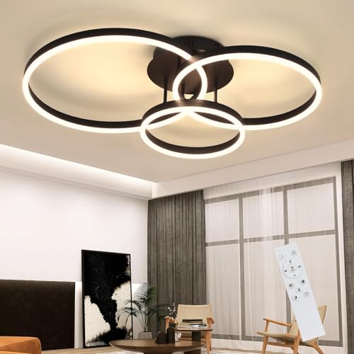 ZMH Deckenlampe LED Deckenleuchte Wohnzimmer - Schwarz Dimmbar 82CM Wohnzimmerlampe mit Fernbedienung 74W mit 3 Ringen Design aus Acryl für Schlafzimmer Büro Küche Arbeitszimmer Hotel von ZMH