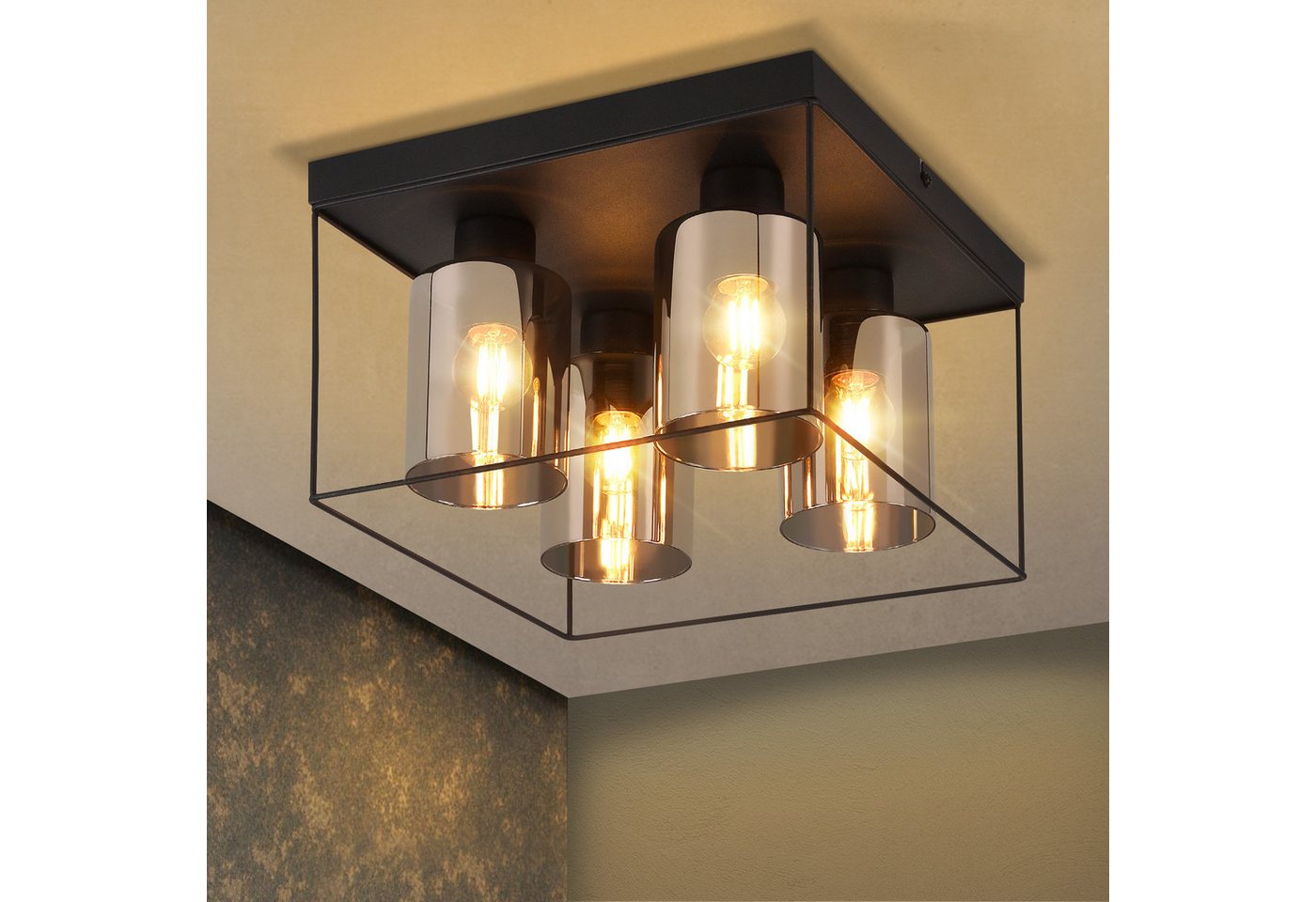 ZMH LED Deckenleuchte Wohnzimmer Glas E27 Schwarz Vintage Deckenlampe Küche Treppenhaus, Einfache Installation, ohne Leuchtmittel, 4 Flammig Metall Decke Industrial Flurlampe ZMH LED Deckenleuchte Wohnzimmer Glas E27 Schwarz Vintage Deckenlampe Küche Treppenhaus, Einfache Installation, ohne Leuchtmittel, 4 Flammig Metall Decke Industrial Flurlampe von ZMH