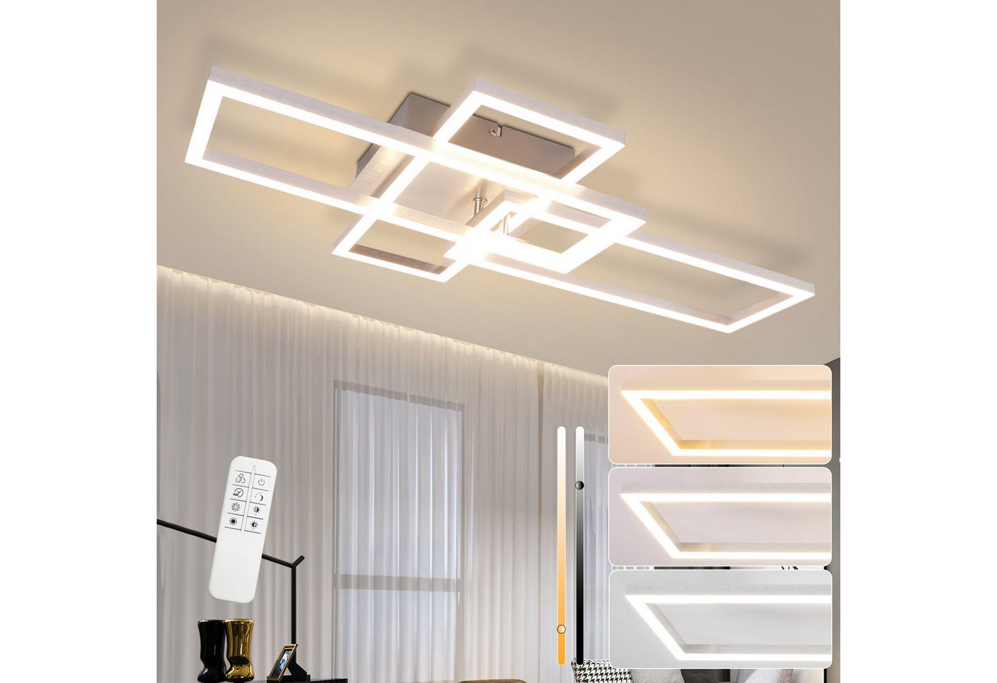 ZMH LED Deckenleuchte Wohnzimmer Schwarz 2/3 Rahmen Modern Dimmbar Schlafzimmer, Augenschutz, LED fest integriert, 3000-6500k, 36W Rechteckig Design mit Fernbedienung Esszimmerlampe von ZMH