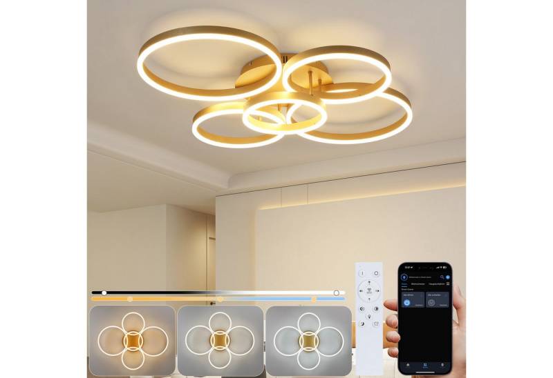 ZMH LED Deckenleuchte Wohnzimmerlampe Dimmbar 78W, 3000-6500K, 5-Ringen Gold Modern Acryl mit Fernbedienung von ZMH