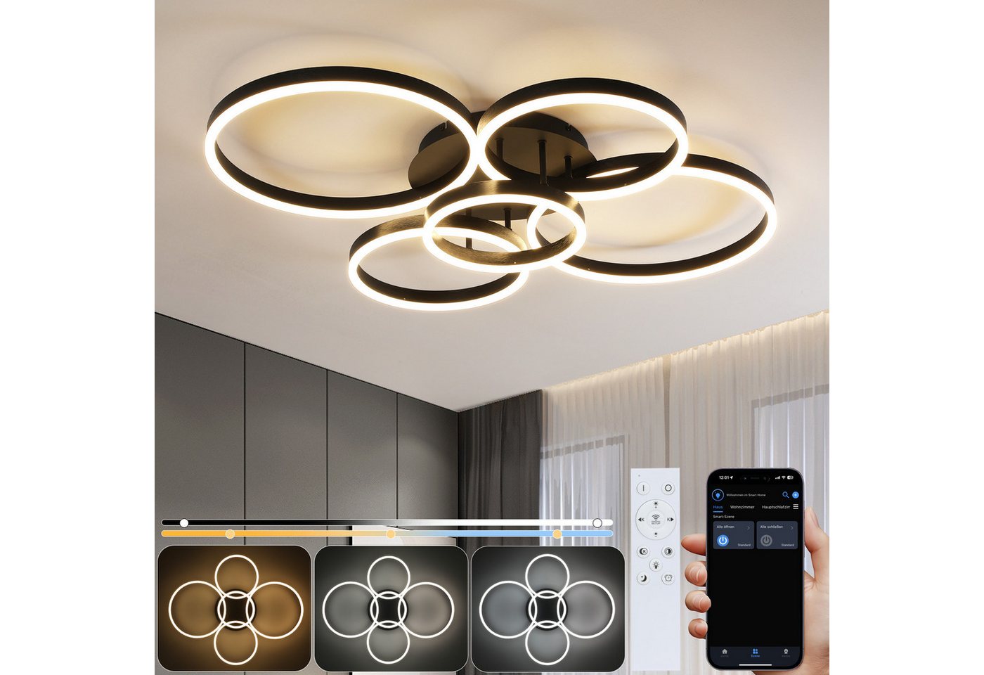 ZMH LED Deckenleuchte Wohnzimmerlampe Dimmbar 78W, 3000-6500K, 5-Ringen Gold Modern Acryl mit Fernbedienung ZMH LED Deckenleuchte Wohnzimmerlampe Dimmbar 78W, 3000-6500K, 5-Ringen Gold Modern Acryl mit Fernbedienung von ZMH
