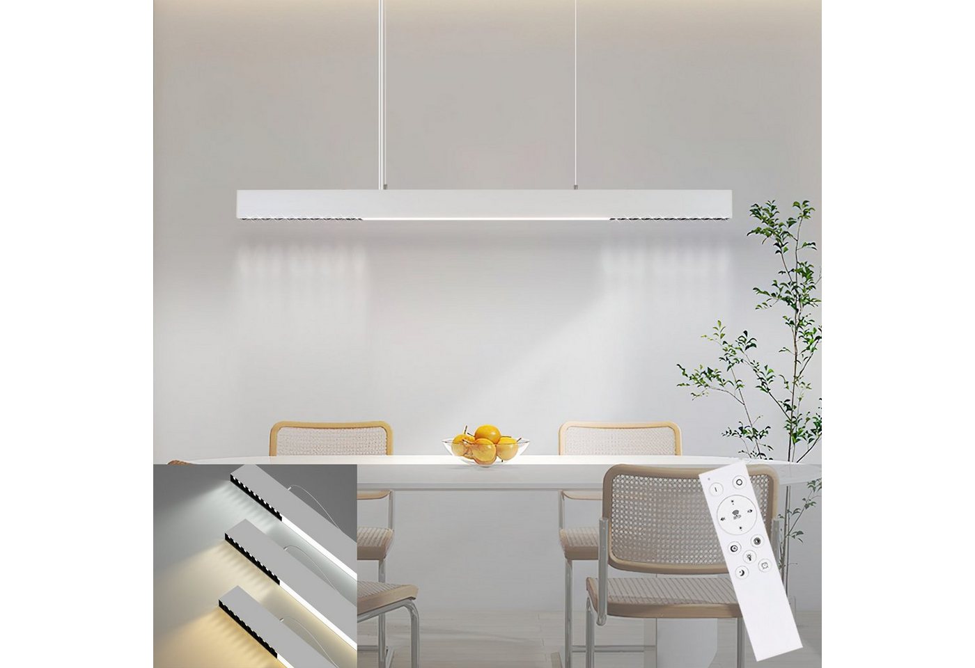 ZMH LED Pendelleuchte Esstisch Hängelampe Dimmbar - Modern mit Fernbedienung, LED fest integriert, Tageslichtweiß, weiß, 53W, dimmbar, Lang Linear von ZMH