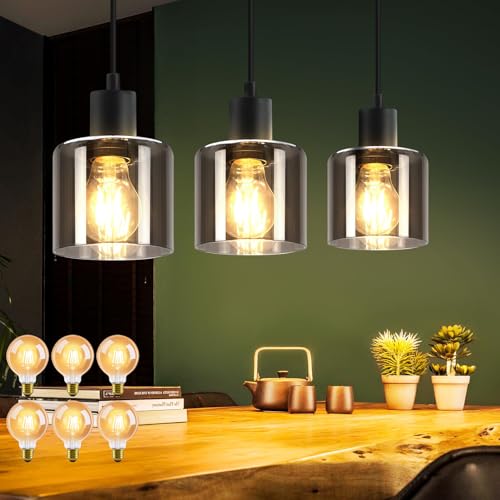 ZMH LED Pendelleuchte Esstisch Hängelampe - Schwarz Esstischlampe Hängend E27 Hängeleuchte Vintage 3 Flammig Esszimmerlampe Retro Pendellampe für Esszimmer Küche Wohnzimmer, 6 x G80 Glühbirne inkl. von ZMH