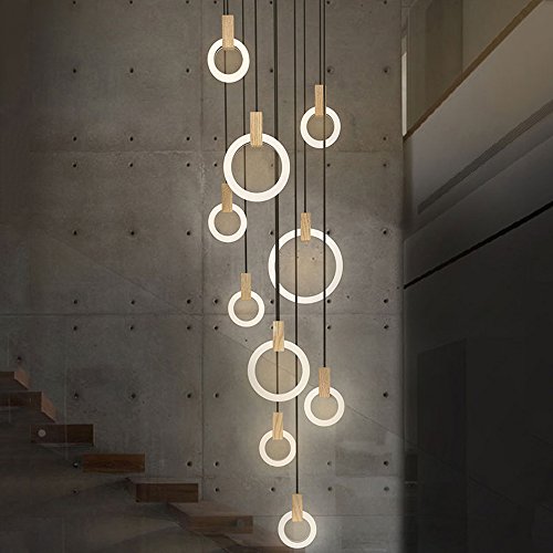 ZMH LED Pendelleuchte Kronleuchter esstisch Hängeleuchte 55W 7-Led Ring Pendellampe Hängelampe Treppenleuchte aus Holz und Acryl Höheverstellbar für Wohzimmer, moderne drehtreppe, Schlafzimmer von ZMH