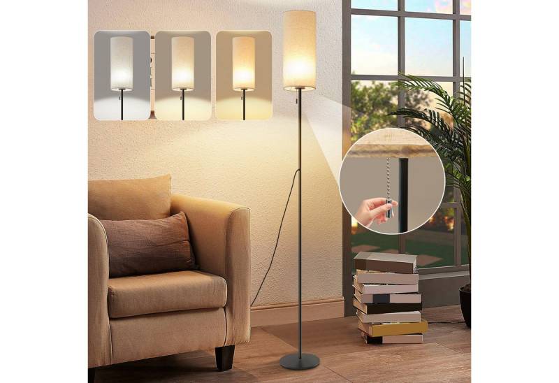 ZMH LED Stehlampe Dimmbar Retro Standleuchte Stoffschirm Wohnzimmer mit Seilzugschalter, Augenschutz, Einfache Installtion, LED fest integriert, 3000/4000/6500K, Beige Lampenschirm Retro Stoff Leselampe für Schlafzimmer von ZMH