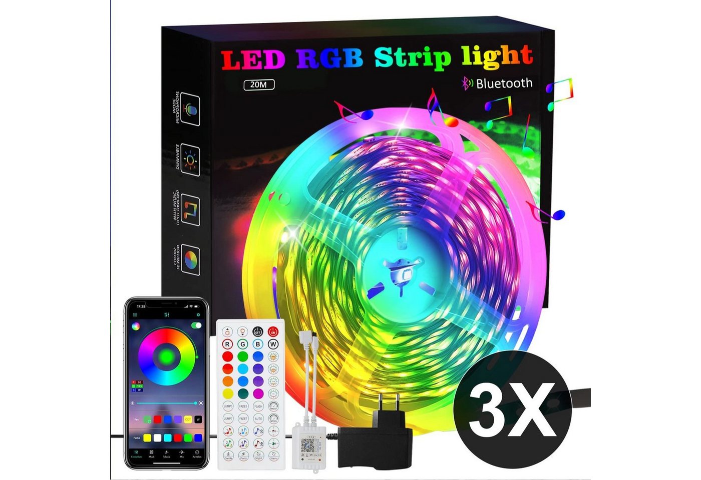 ZMH LED-Streifen RGB einstellbar mit Fernbedienung App LED-Streifen, 3-flammig, 3x 20M, Music Sync von ZMH