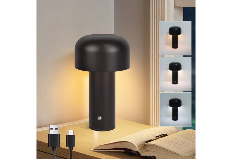 ZMH LED Tischleuchte Kabellos - 2W Tischlampe Akku Dimmbar Modern Metall für Wohnzimmer, Augenschutz, Einfache Installtion, LED fest integriert, 3000-6500K, Aufladbar Schwarz Pilz Nachttischlampe Schlafzimmer von ZMH