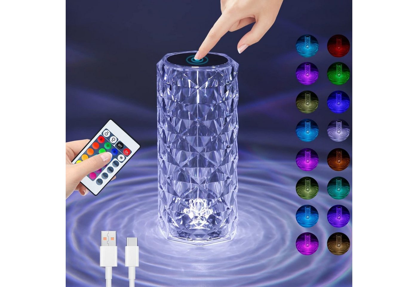 ZMH LED Tischleuchte Kristall Lampe - Nachttischlampe Touch Dimmbar Rose 16 Farben, LED fest integriert, RGB, RGB Glitzer Nachtlicht für Party Schlafzimmer von ZMH