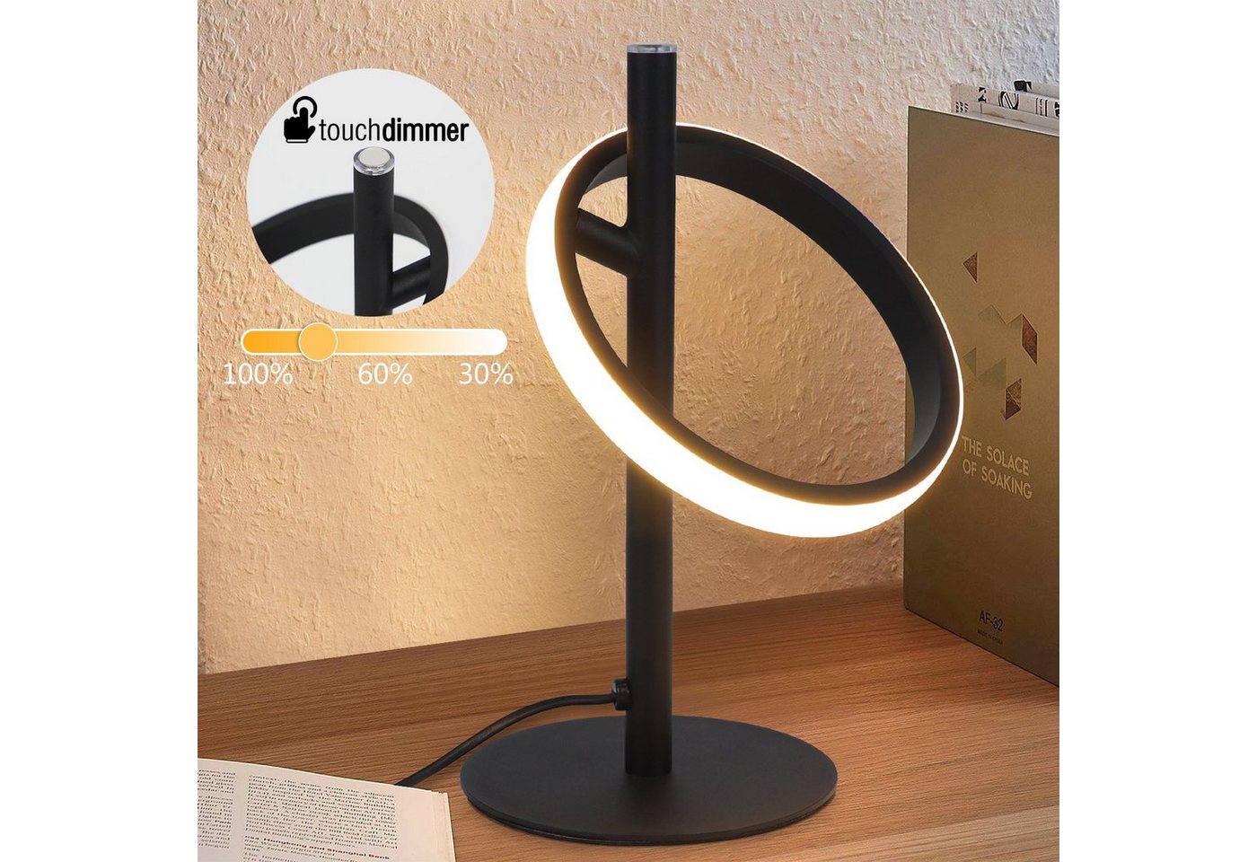 ZMH LED Tischleuchte Modern Ringform Drehbar Abnehmbar Schreibtischlampe, Warmweiß 3000K, 1-Flammig Ring, Schwarz von ZMH