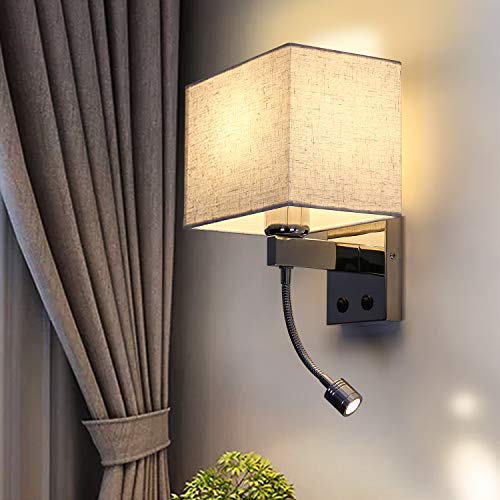 ZMH Wandleuchte Innen Wandlampe Schlafzimmer -Wandstrahler LED 360°Schwenkbar Leselampe Quadratisches Stoffschirm Design Wandbeleuchtung mit Schalter Modern E27 Beleuchtung für Flur Bett Wohnzimmer von ZMH