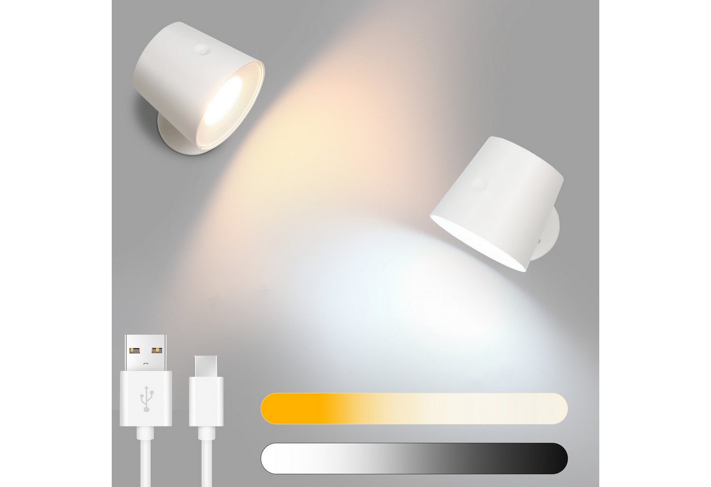 ZMH LED Wandleuchte 360° Drehbar Wandlampe 3 Helligkeitsstufen Weiß für Wohnzimmer Flur, Augenschutz, LED fest integriert, Warmweiß-Neutralweiß-Kaltweiß, Touch Control, Kabellose Wandleuchten, Wohnzimmer Schlafzimmer von ZMH