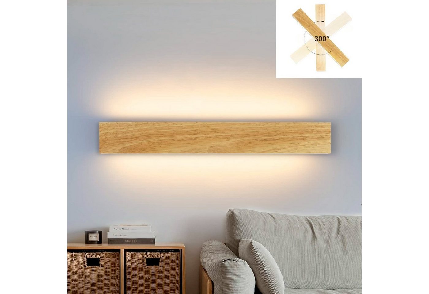 ZMH LED Wandleuchte innen Wandlampe Holz Modern Flurlampe Up und Down Design, 300° Drehbar, LED fest integriert, Warmweiß, 52cm, 17W von ZMH