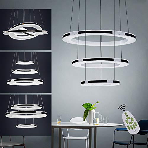 ZMH LED Pendelleuchte Wohnzimmer Hängelampe Esstisch Deckenleuchte 46W 3-Ring Dimmbar Mit Fernbedienung Höhenverstellbar Kronleuchter Schlafzimmer von ZMH