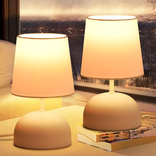 ZMH Nachttischlampe 2er Set Tischlampe mit Kabel - Tischleuchte Weiß Stoff Nachtlampe Modern Schlafzimmer Bettlampe Design Klein Schreibtischlampe für Wohnzimmer Büro Bett Tisch Fenster Hotel von ZMH