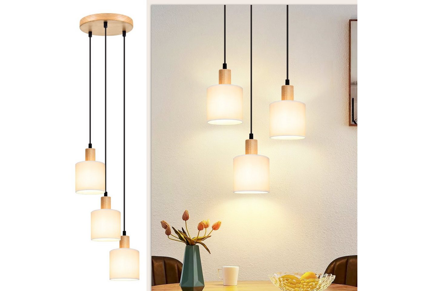 ZMH Pendelleuchte 3 Flammig Holz Esstischlampe Vintage - Rund Weiß Schlafzimmer, ‎Verstellbare Höhe, ohne Leuchtmittel, E14 Esstischlampe, für Esszimmer Restaurant von ZMH