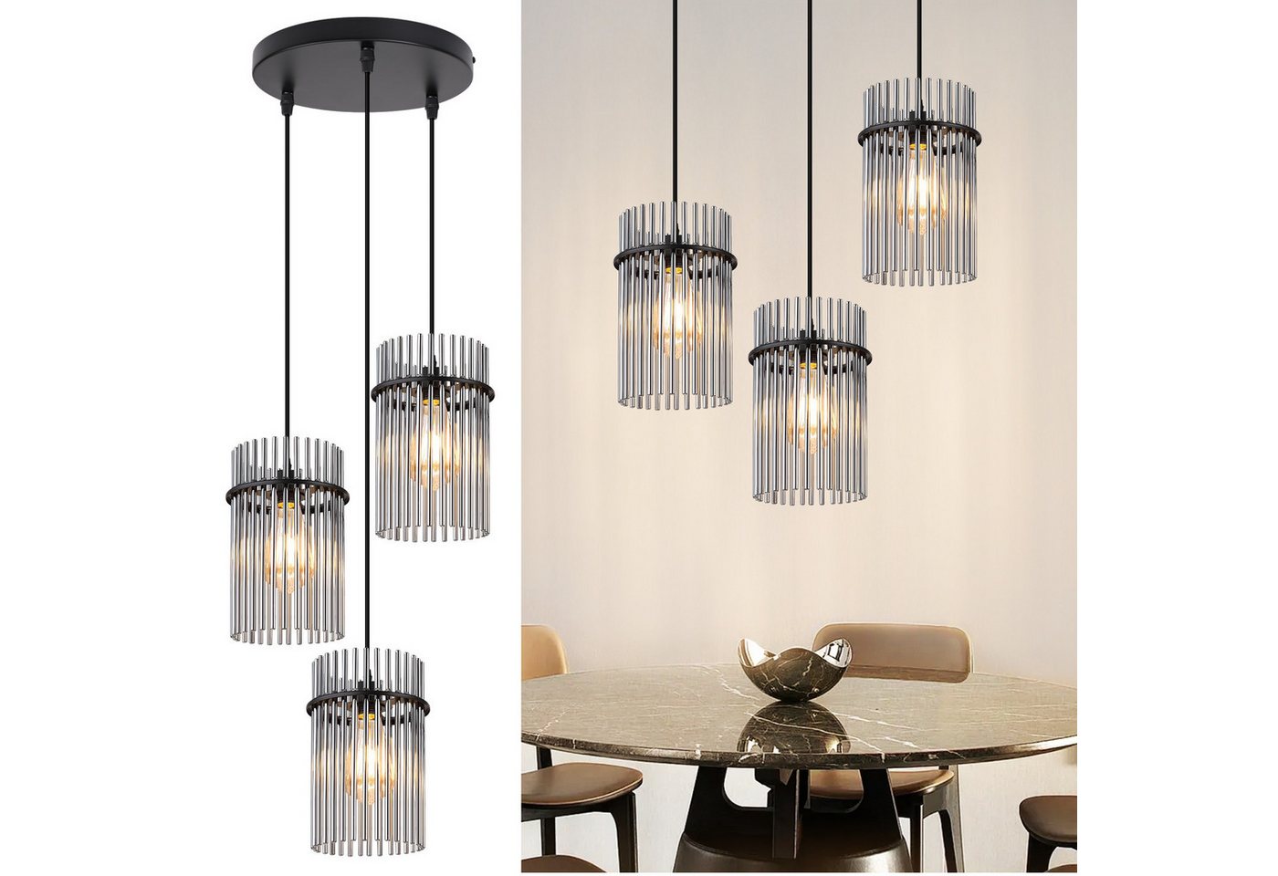 ZMH Pendelleuchte Esstisch Hängelampe 3 Flammig - E27 Vintage, ohne Leuchtmittel, Esszimmerlampe Hängend Glas Ø 16 cm ZMH Pendelleuchte Esstisch Hängelampe 3 Flammig - E27 Vintage, ohne Leuchtmittel, Esszimmerlampe Hängend Glas Ø 16 cm von ZMH