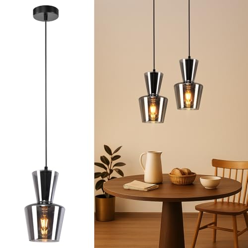 ZMH Hängelampe Vintage Pendelleuchte Esstisch 1Flammig Hängeleuchte Glas Rauchgrau Esszimmerlampe E27 Höhenverstellbar Esstischlampe Retro Industrial für Küche Esszimmer Wohnzimmer (ohne Leuchtmittel) von ZMH