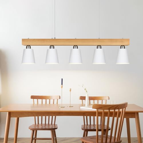 ZMH Pendelleuchte Esstisch Küchenlampe Hängend - Hängelampe Wohnzimmer Pendellampe Holz Modern Esstischlampe E27 Esszimmer Hängeleuchte 5 Flammig Weiß Esszimmerlampe für Flur Hotel (ohne Leuchtmittel) von ZMH