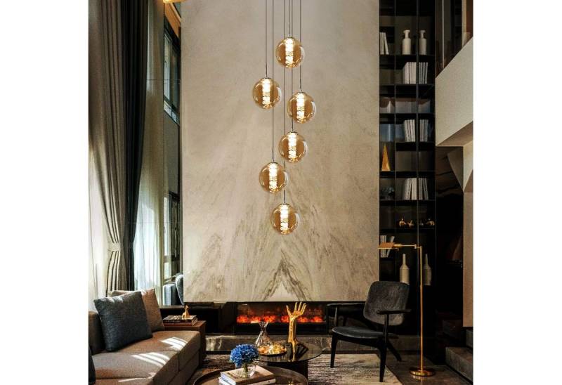 ZMH Pendelleuchte LED Höhenverstellbar Kronleuchter Glas Wohnzimmerlampe, LED wechselbar, Warmweiß, 6 Flammig von ZMH