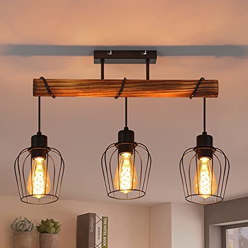 ZMH Deckenleuchte Wohnzimmer Vintage Deckenlampe Holz: Wohnzimmerlampe Decke Schwarz 3 flammig im Industrial Design E27 Küchenlampe aus Metall für Küche Esszimmer Restaurant - ohne Leuchtmittel von ZMH