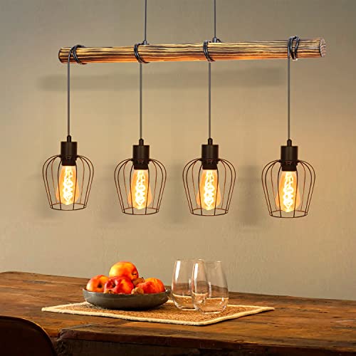 ZMH Retro Pendelleuchte Vintage Hängelampe 4 flammige Holz Esszimmerlampe Pendellampe Wohnzimmer im Industrial Design mit höhenverstellbaren Strahlern - Schwar - Fassung: E27 - ohne Leuchtmittel von ZMH