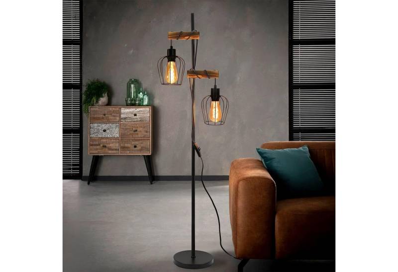 ZMH Stehlampe Wohnzimmer 2 Flammig 151CM Holz Retro Standleuchte Schlafzimmer, Einfache Installation, ohne Leuchtmittel, Standleuchte inkl. Schalter - Schwarz Schlafzimmer Flur von ZMH