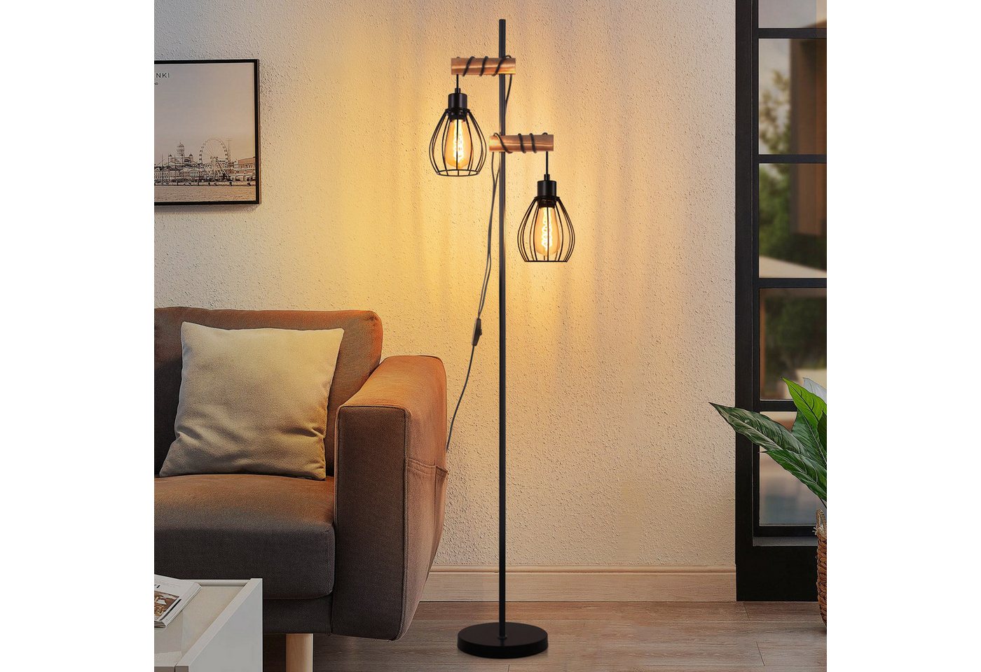 ZMH Stehlampe Wohnzimmer 2 Flammig 151CM Holz Retro Standleuchte Schlafzimmer, Einfache Installation, ohne Leuchtmittel, Standleuchte inkl. Schalter - Schwarz Schlafzimmer Flur ZMH Stehlampe Wohnzimmer 2 Flammig 151CM Holz Retro Standleuchte Schlafzimmer, Einfache Installation, ohne Leuchtmittel, Standleuchte inkl. Schalter - Schwarz Schlafzimmer Flur von ZMH
