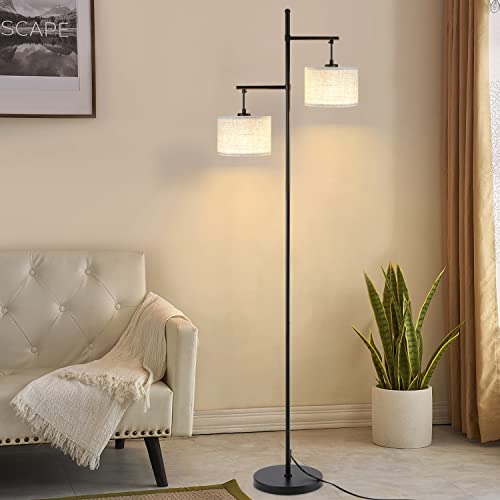 ZMH Stehlampe Wohnzimmer Modern Stehleuchte - Schwarz E27 Standleuchte Vintage 2 Flammig Bettlampe Weiß Stoff Design Standlampe Boho Deko Leselampe Max.25W mit Fußschalte für Büro Schlafzimmer von ZMH