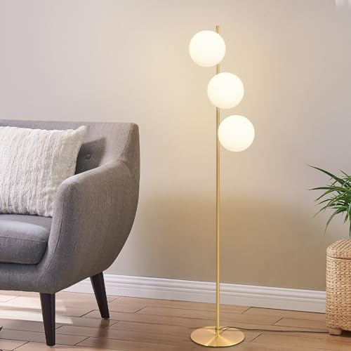 ZMH Stehlampe Wohnzimmer Modern Stehleuchte - Standleuchte E27 Gold Design Standlampe 3 Flammig mit Fußschalter Metall aus Weiß Glas Industrial Bodenlampe für Schlafzimmer Büro von ZMH