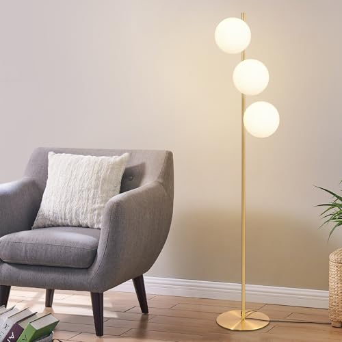 ZMH Stehlampe Wohnzimmer Modern Stehleuchte - Standleuchte E27 Gold Design Standlampe 3 Flammig mit Fußschalter Metall aus Weiß Glas Industrial Bodenlampe für Schlafzimmer Büro von ZMH