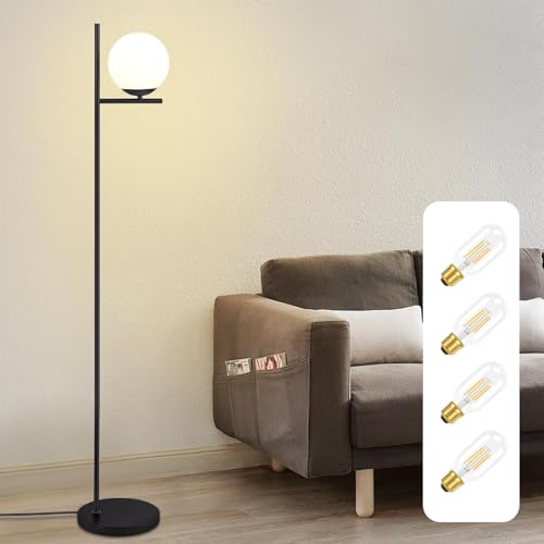 ZMH Stehlampe Wohnzimmer Standleuchte Vintage - Bodenlampe 1 flammig aus Weiß Glaskugel mit Fußschalter Metall Design Schwarz Standlampe mit 4 × 4W E27 2700K Leuchtmittel Kabel 2M für Schlafzimme von ZMH