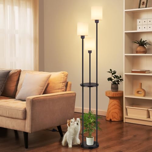 ZMH Stehlampe Wohnzimmer Stehleuchte Vintage - Standleuchte mit Regal E27 Standlampe Schlafzimmer Schwarz Retro Regallampe Weiß 3 Flammig Stoffschirm Stoff für Sofa Landhaus (Ohne Leuchtmittel) von ZMH