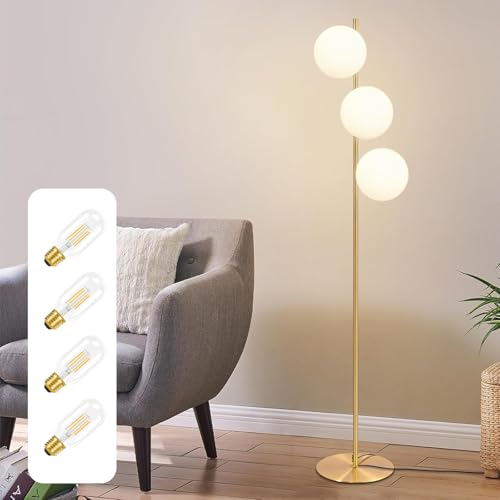 ZMH Stehlampe Wohnzimmer Vintage Standleuchte - 3 flammige Gold Glaskugel Bodenlampe Modern Glas Stehlampe Metall Fußschalter mit 4 × 4W E27 2700K Leuchtmittel Kabel 2M für Schlafzimmer kinderzimmer von ZMH
