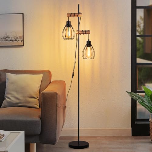 ZMH Stehlampe Wohnzimmer Vintage Stehleuchte Schwarz: Holz Standleuchte Metall Industrial E27 Standlampe 2 flammig mit Käfig Lampenschirm Retro Bettlampe für Schlafzimmer 152CM (ohne Leuchtmittel) von ZMH