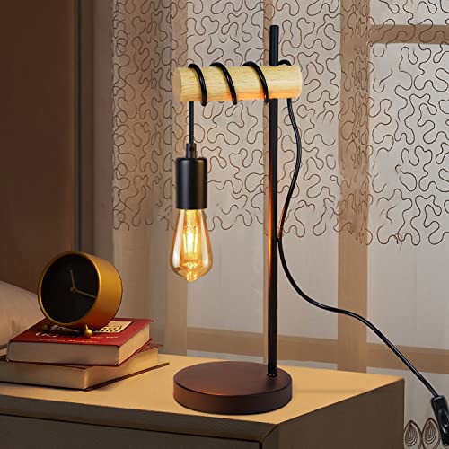 ZMH Tischlampe Holz Nachttischlampe Vintage - E27 Schwarz Wohnzimmer Tischleuchte Retro Rustikal Nachttischleuchte Industrial Design mit Kabe Schalter Max.40W Deko Schlafzimmer - Ohne Glühbirne von ZMH