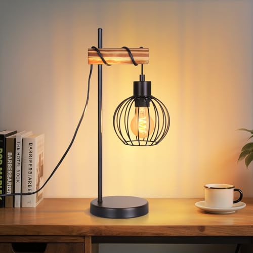 ZMH Tischlampe Vintage Wohnzimmer Nachttischlampe E27: retro Tischleuchte 1 flammig im Industrial Design aus Metall Schwarz Nachttischleuchte mit Kabel für Schlafzimmer Cafe - ohne Leuchtmittel von ZMH
