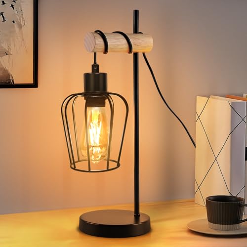 ZMH Tischlampe Wohnzimmer Holz Tischleuchte Vintage: Schwarz Nachttischlampe 1 flammig im Industrial Design aus Metall E27 Fassung Retro Nachttischleuchte für Schlafzimmer Hotel - ohne Leuchtmittel von ZMH