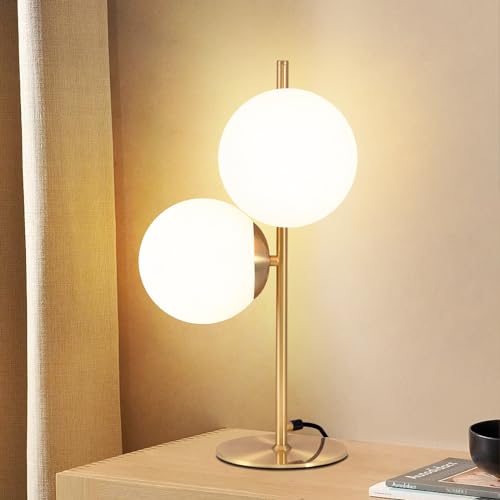 ZMH Tischlampe Wohnzimmer Modern Nachttischlampe - Industrial Tischleuchte Gold 2 Flammig mit Schalter Metall Design aus Weiß Glas Nachttischleuchte Messing E27 für Schlafzimmer Kinderzimmer Büro von ZMH