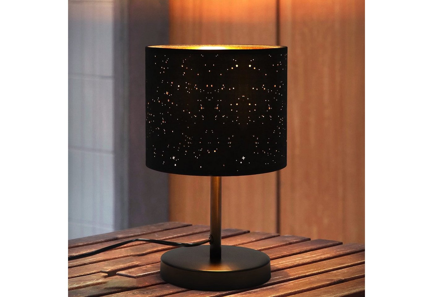 ZMH Tischleuchte Retro E27 Stoff Nachttischlampe Sternenhimmel Tischlampe, LED wechselbar, Schwarz von ZMH