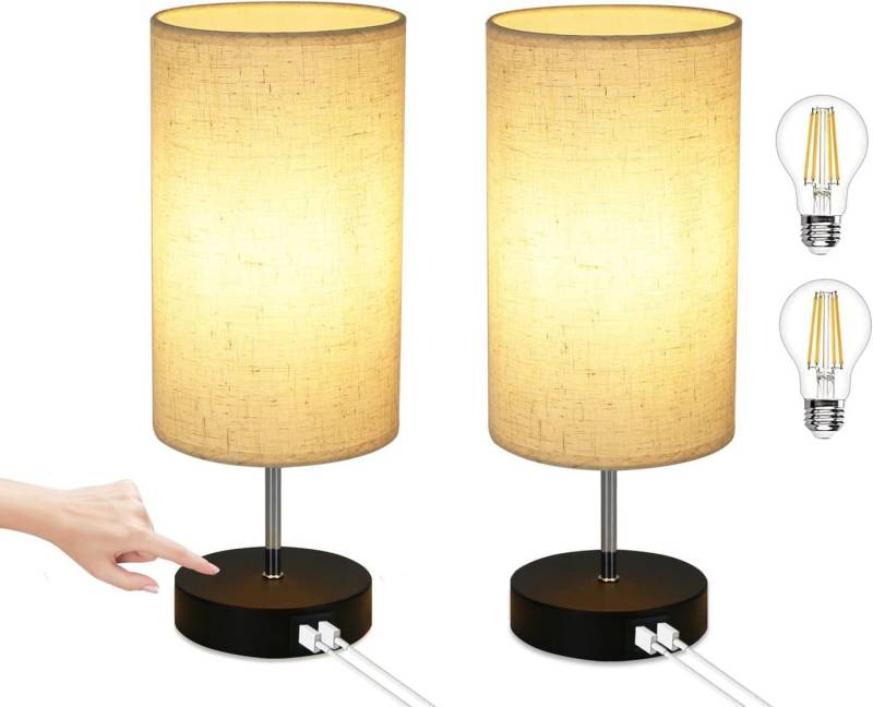ZMH Tischleuchte Touch-Dimmbar mit USB-Ladefunktion und Stoff Lampenschirm, 2er Set, Mit LED Brine, 3000K von ZMH