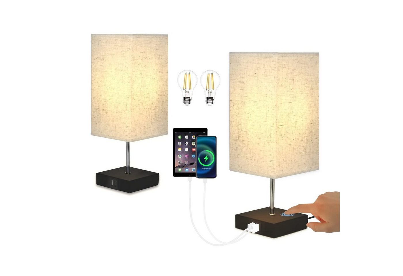 ZMH Tischleuchte Touch dimmbar Retro Nachtlicht E27 Tischlampe Mit USB Ladenfunktion, Touch-dimmbar, LED E27 Leuchtmittel, warmweiß, 2er Set, Schwarz von ZMH