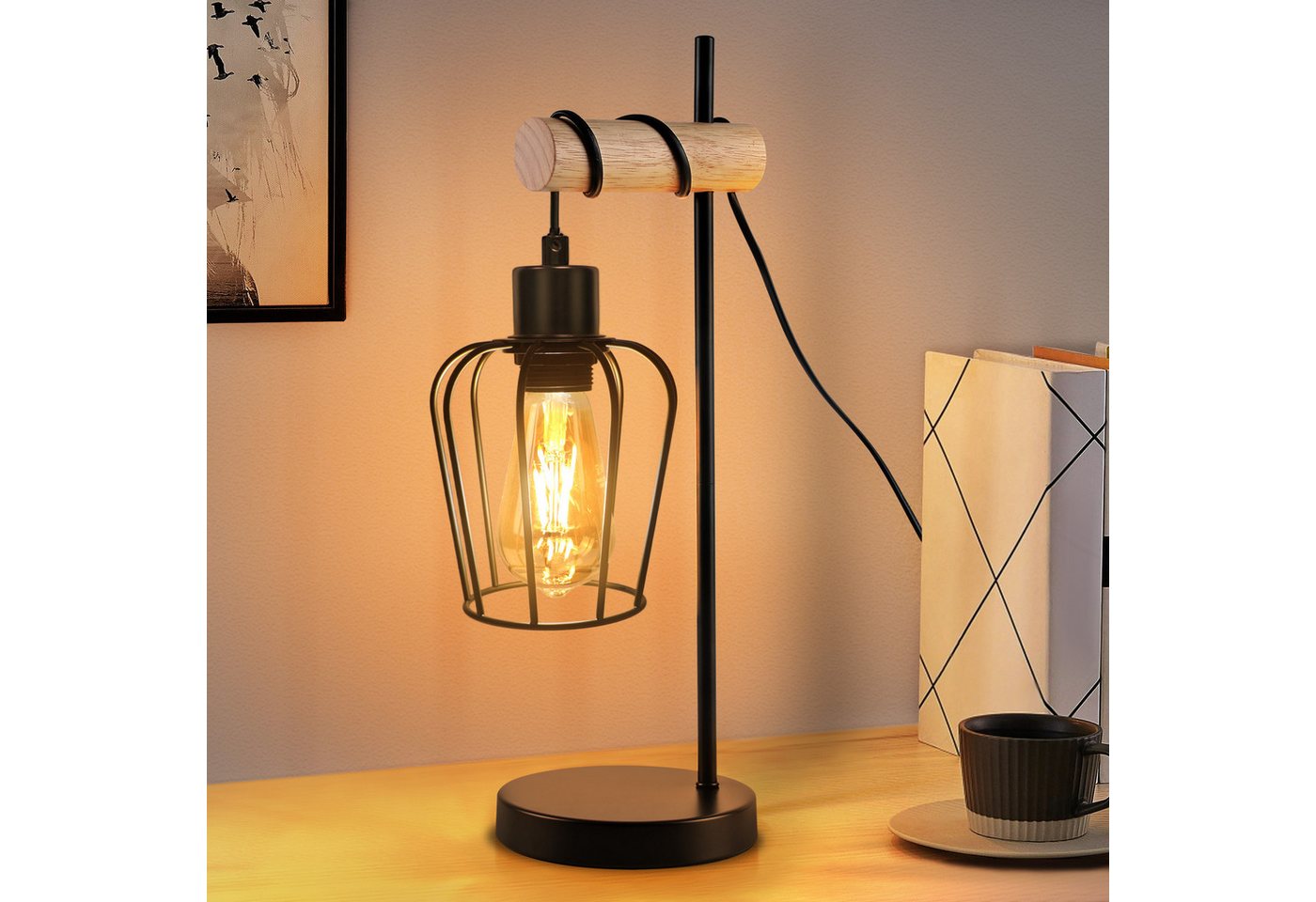 ZMH Tischleuchte Wohnzimmer Retro Schwarz-Holz Nachttischlampe Industrial Design E27, Einfache Installation, ohne Leuchtmittel, 1 Flammig Vintage Tischleuchte im Industrial Design aus Metall Esstich von ZMH