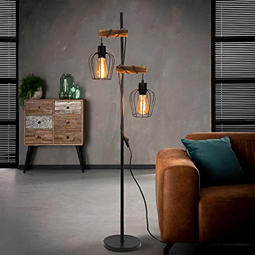 ZMH Stehlampe Wohnzimmer Holz Stehleuchte Schwarz - Retro Vinatge Standleuchte 2 flammig im Industrial Design aus Metall mit Schalter E27 Fassung 151cm Standlampe für Schlafzimmer (ohne Leuchtmittel) von ZMH
