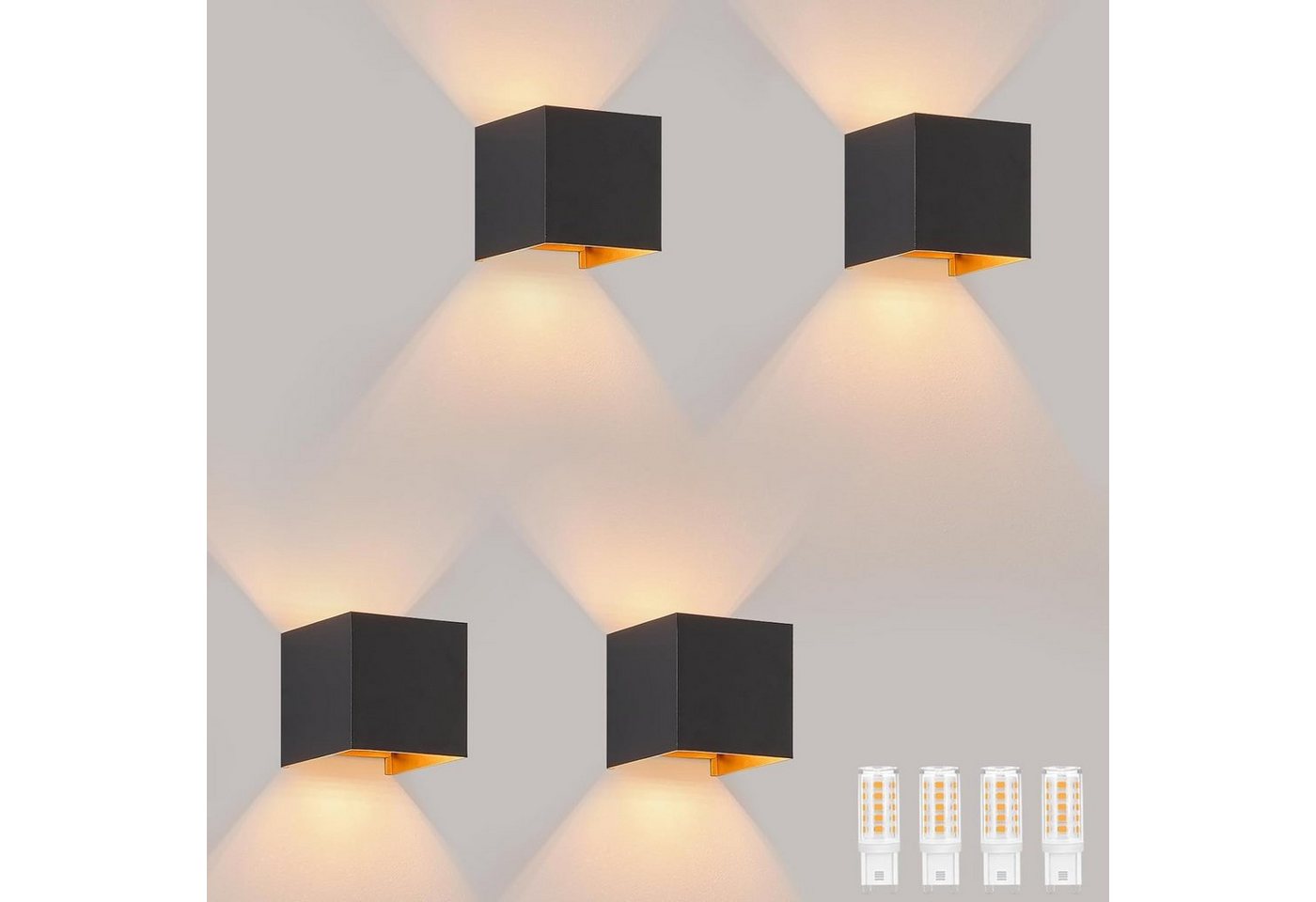 ZMH Wandleuchte 4ER LED Wandlampe - Aussenlampe Innen Außenleuchte Wand G9, LED fest integriert, 3000k, 3W Warmweiß G9 Einstellbar Strahl für Terrasse, Schwarz-Gold von ZMH