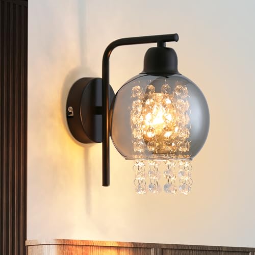 ZMH Wandleuchte Innen Wandlampe Schlafzimmer - Flurlampe Wohnzimmer E27 Wandbeleuchtung Modern 1 Flammig Bettlampe Glaskugel Rauchgrau Glas Design Kristall für Bett Flur Treppenhaus(Ohne Leuchtmittel) von ZMH