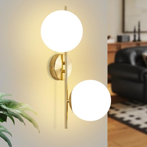 ZMH Wandleuchte Innen Wandlampe Schlafzimmer - Wandbeleuchtung Treppenhaus Vintage Glaskugel Gold Flurlampe Badezimmer Glas Lampenschirm E27 Modern 2 Flammig Beleuchtung für Flur(Ohne Leuchtmittel) von ZMH