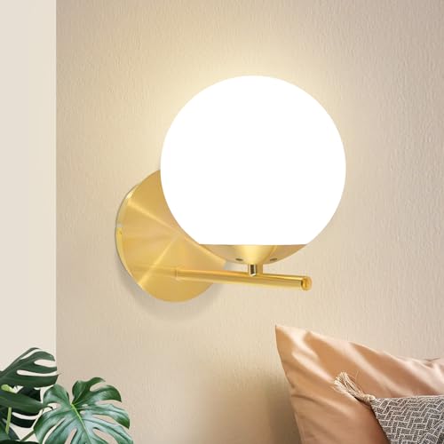 ZMH Wandleuchte Innen Wandlampe Vintage - Bettlampe Gold E27 Weiß Glas Kugel Design Flurlampe Retro Metall Badezimmer für Schlafzimmer Treppenhaus Wohnzimmer Flur Bad - Ohne Leuchtmittel von ZMH