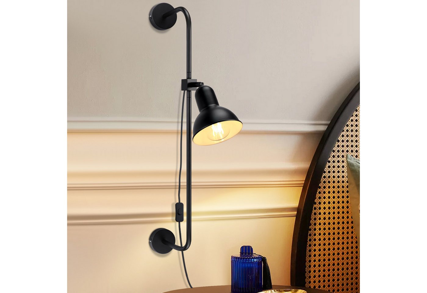 ZMH Wandleuchte Innen schwarz - Retro E27 Wandlampe mit Schalter für Wohnzimmer, Glühbirne flexibel verwenden, ohne Leuchtmittel, 350° drehbar, Stromleitung mit Schalter, Schlafzimmer, Flur von ZMH