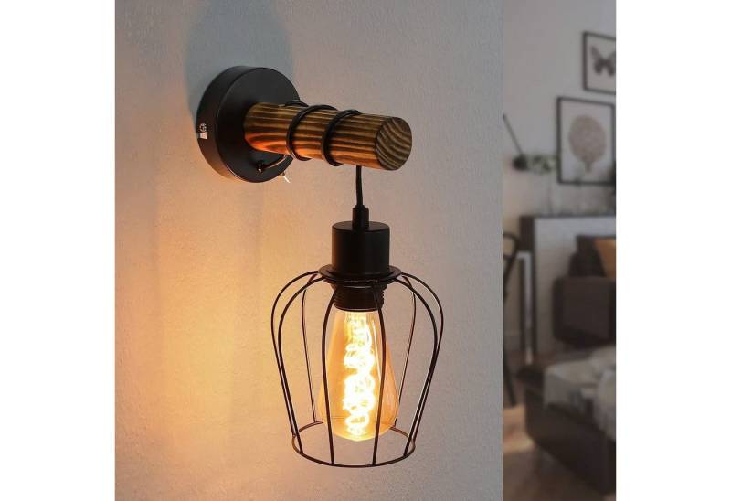 ZMH Wandleuchte Retro Wandleuchte Holz Innen Wandlampe Vintage mit Schalter E27, LED wechselbar, Schwarz Metall Wandspot Rustikal für Schlafzimmer von ZMH